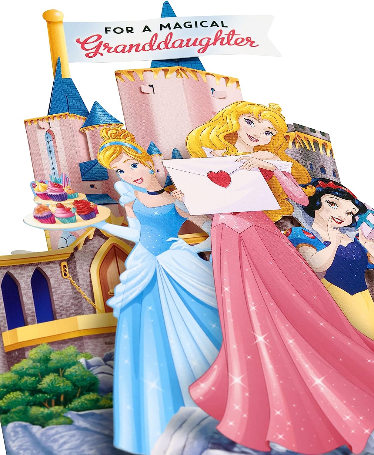 Disney Princess granddaughter greeting card featuring a build-your-castle design and colorful stickers, perfect for special occasions.