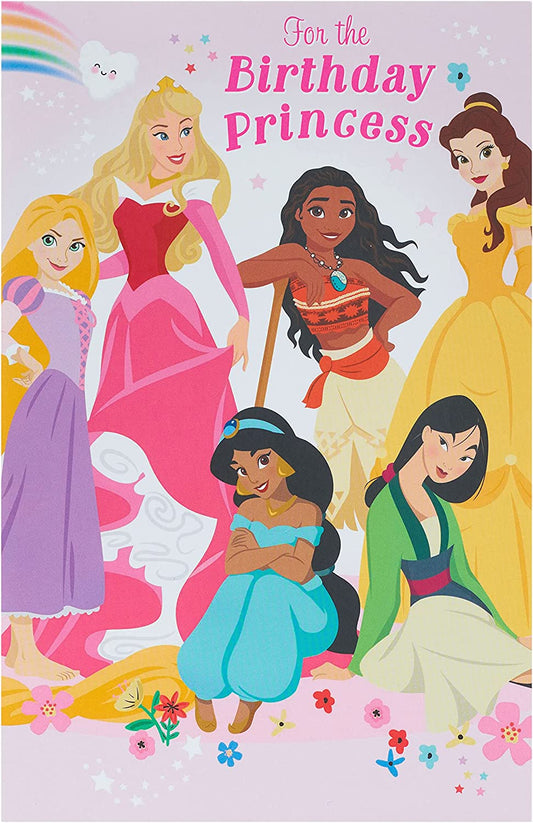 Disney Princess Magical Birthday Card by UK Greetings featuring colorful princess illustrations and festive design.