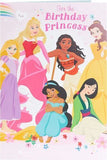 Disney Princess themed greeting card with colorful illustrations for birthdays, by UK Greetings.
