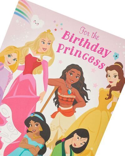 Disney Princess themed greeting card from UK Greetings featuring magical birthday design and princess illustrations.