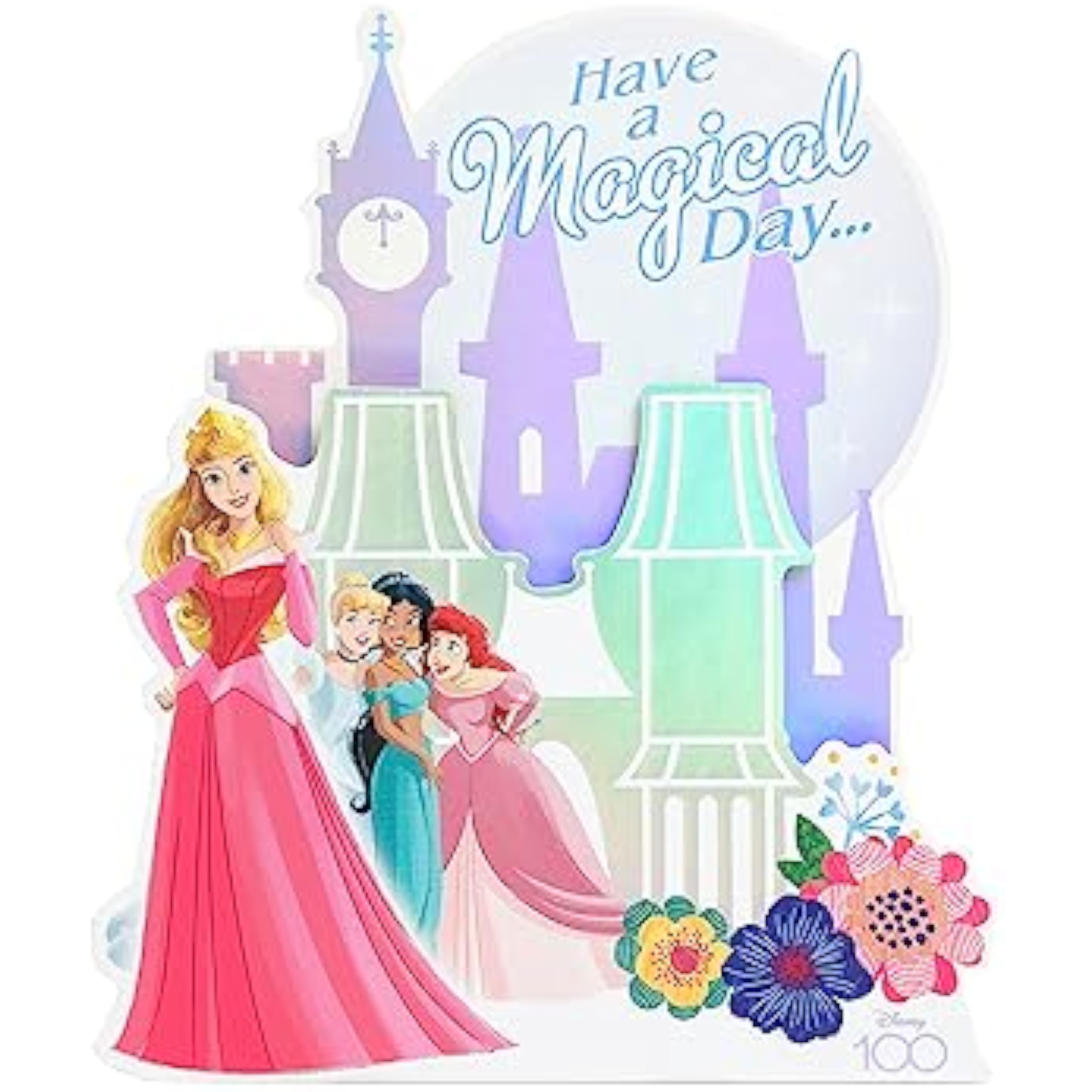 Disney Princess pop-up castle birthday greeting card with colorful princess illustrations and ornate design, by UK Greetings.
