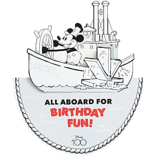 Disney Steamboat Willie Mickey pop-up birthday greeting card by UK Greetings featuring classic cartoon character and festive design.