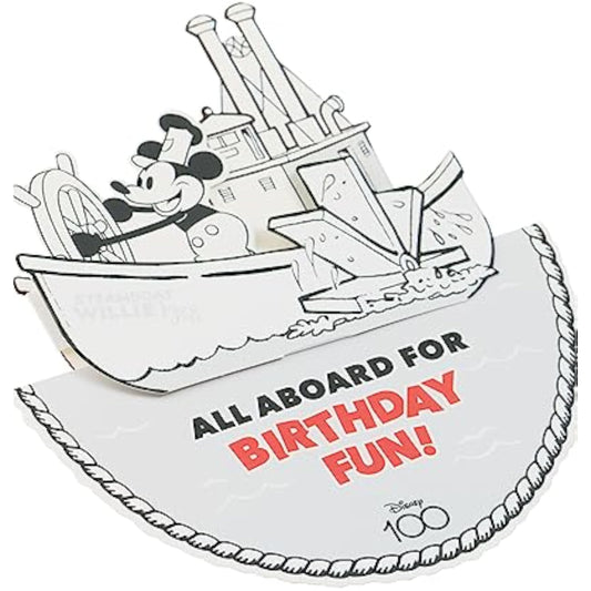 Disney Steamboat Willie Mickey Mouse pop-up birthday greeting card by UK Greetings with colorful cartoon design and festive details.