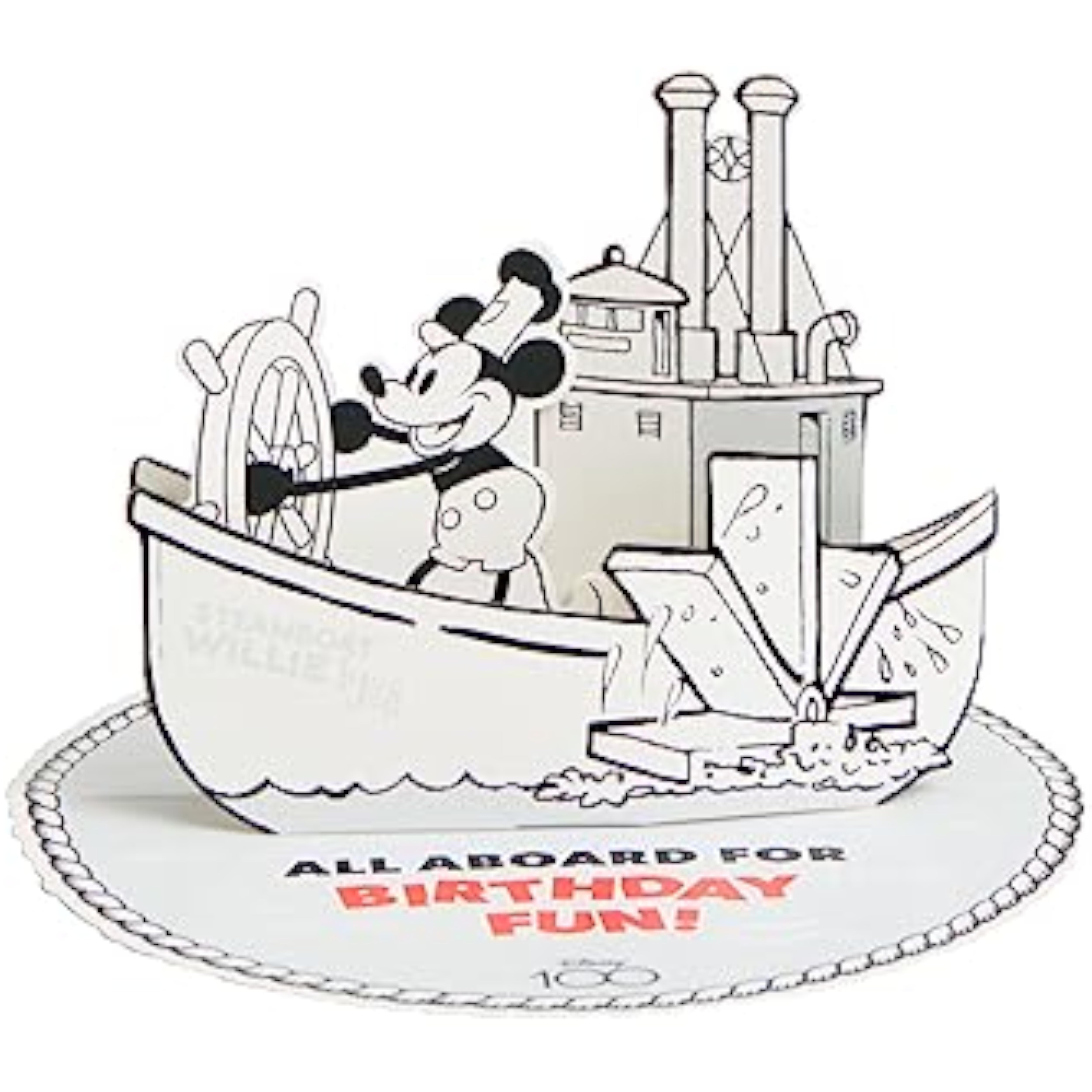 Disney Steamboat Willie Mickey Mouse pop-up birthday greeting card by UK Greetings, featuring classic Mickey in a festive scene.