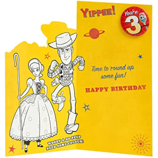 Disney Toy Story 3rd birthday greeting card featuring Woody and Buzz Lightyear from UK Greetings, colorful and festive design.