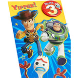 Disney Toy Story 3rd birthday greeting card featuring Woody and Buzz Lightyear from UK Greetings, with colorful birthday-themed design.