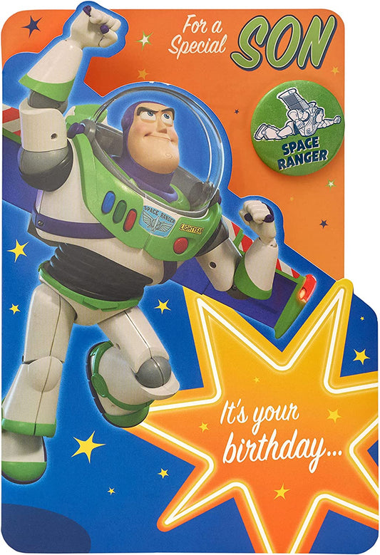 Disney Toy Story Buzz Lightyear birthday greeting card with badge from UK Greetings, featuring Buzz in space suit and colorful design.