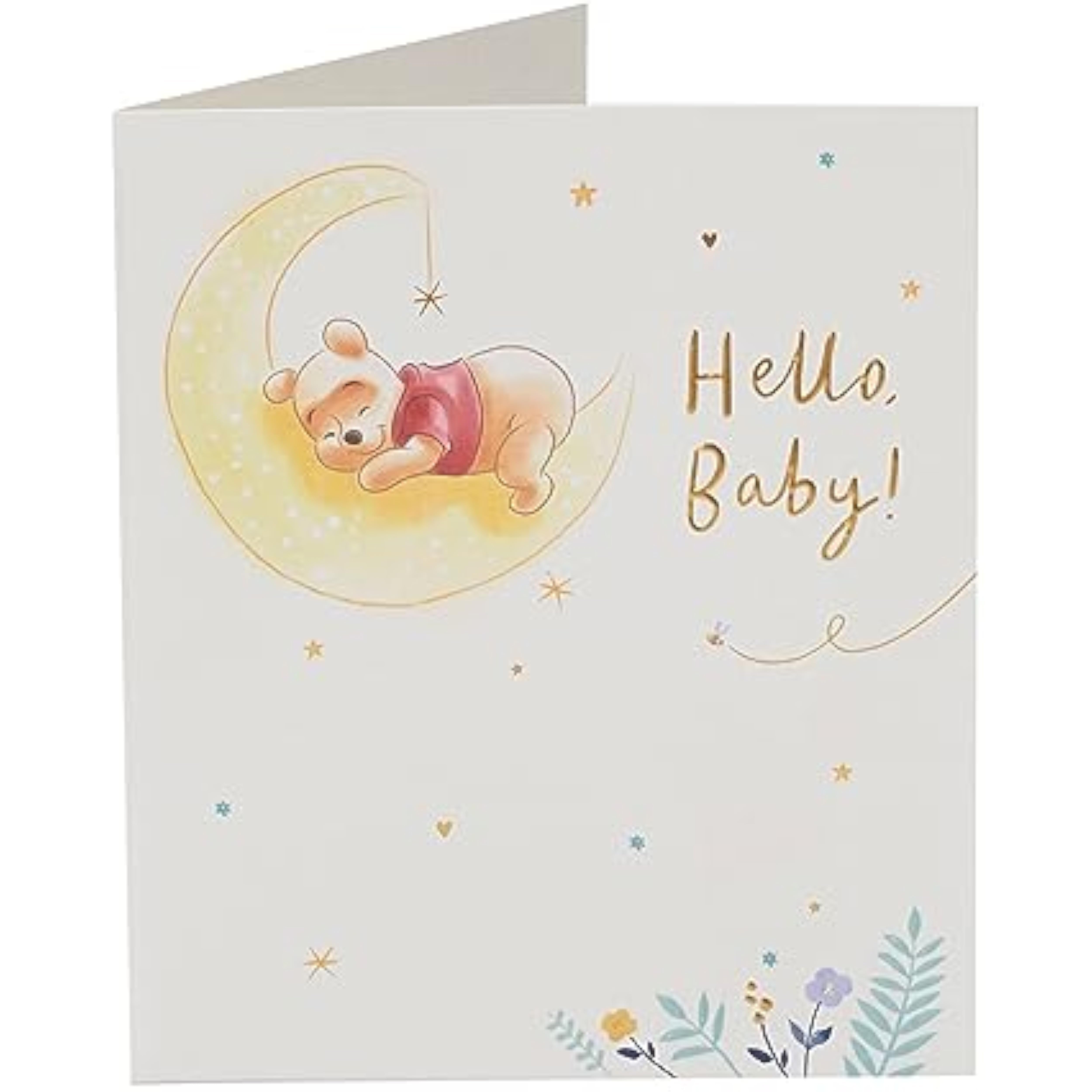 Disney Winnie the Pooh new baby greeting card with gold foil accents, featuring adorable Pooh design and cute baby-themed decorations.