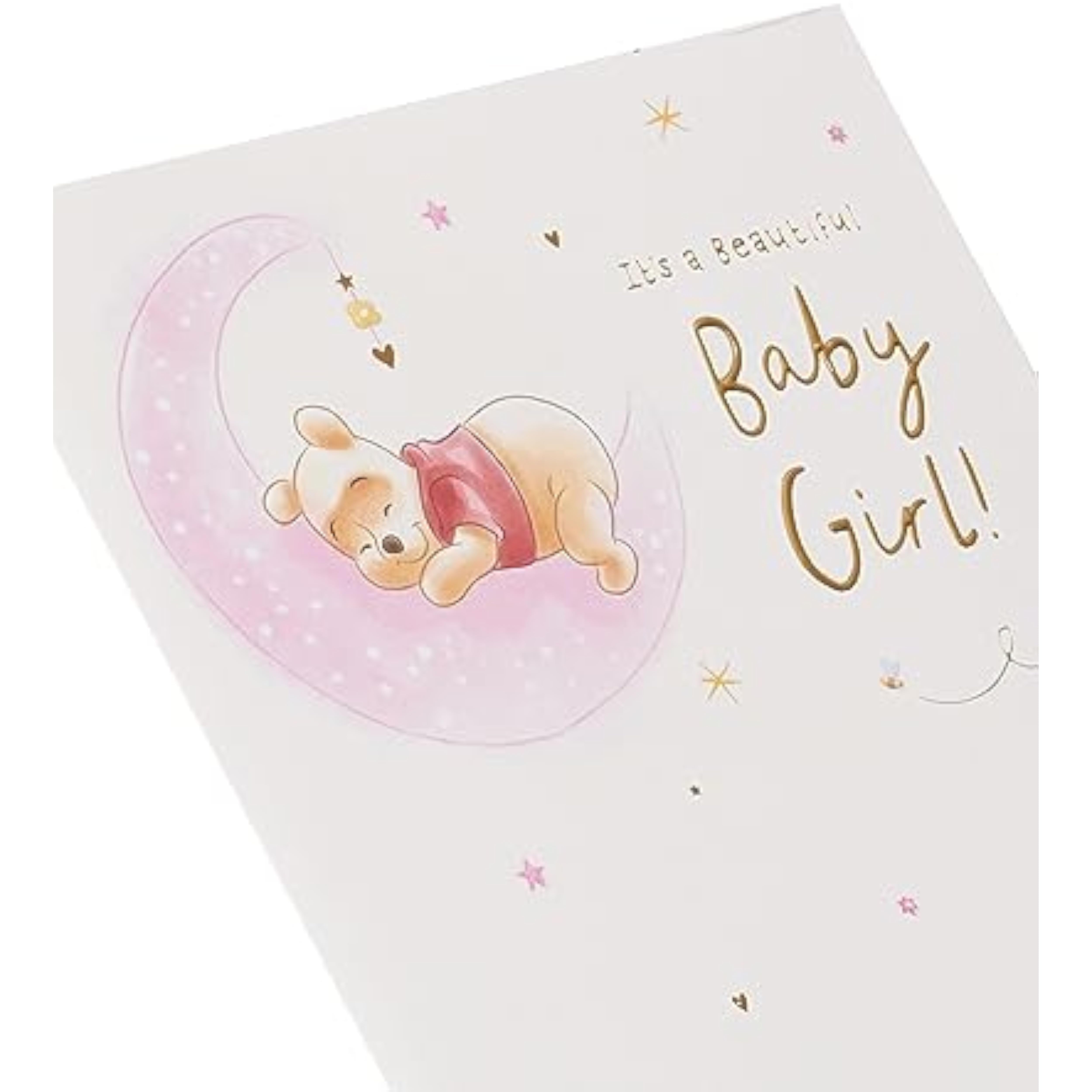 Disney Winnie the Pooh new baby girl greeting card with gold accents, featuring adorable Pooh illustration for special congratulations.
