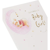 Disney Winnie the Pooh new baby girl greeting card with gold accents, featuring adorable Pooh illustration for special congratulations.