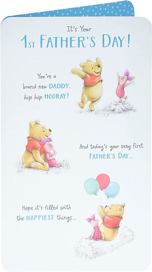 Disney Winnie the Pooh first Father's Day greeting card featuring Pooh Bear with a heartfelt message on a white background.