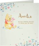 Disney Winnie The Pooh Auntie birthday greeting card from UK Greetings featuring colorful Pooh illustration and festive design.