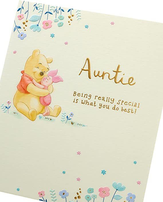 Disney Winnie the Pooh Auntie birthday greeting card by UK Greetings featuring Pooh Bear and birthday design.
