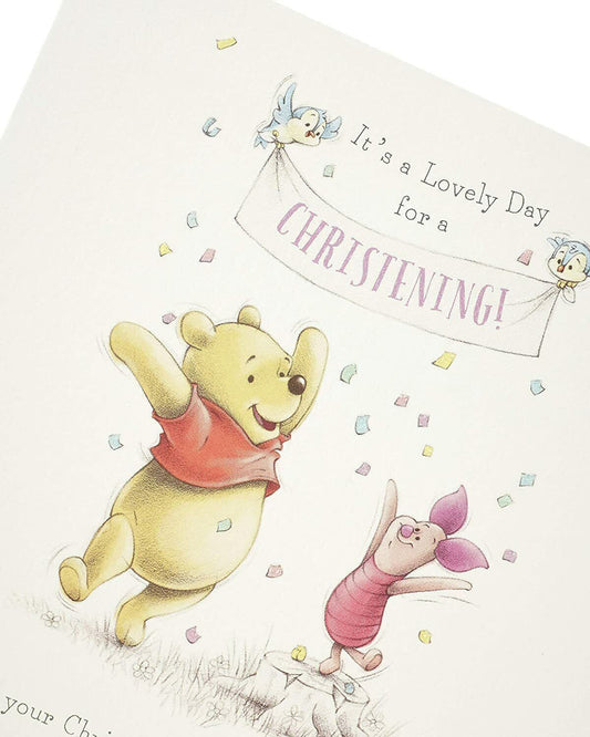 Disney Winnie the Pooh christening greeting card featuring colorful illustration and heartfelt message for a special occasion