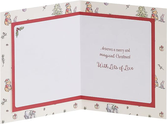 Disney Winnie the Pooh granddaughter Christmas greeting card with festive holiday design and colorful illustrations.