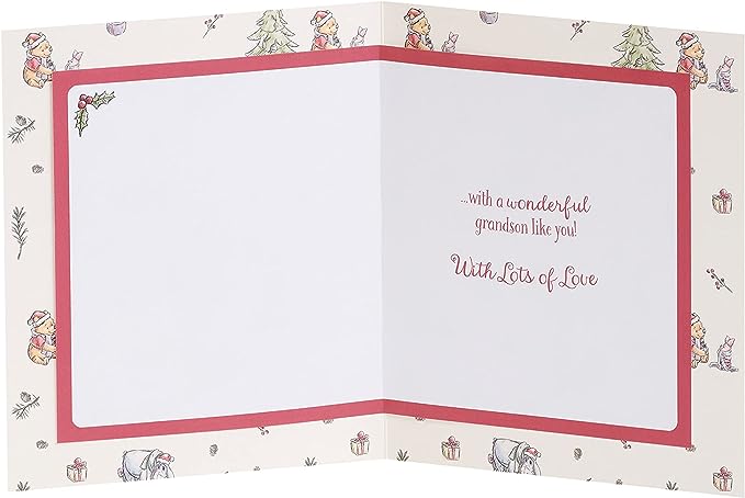 Disney Winnie the Pooh grandson Christmas greeting card with festive tree design, featuring colorful holiday illustration from UK Greetings.
