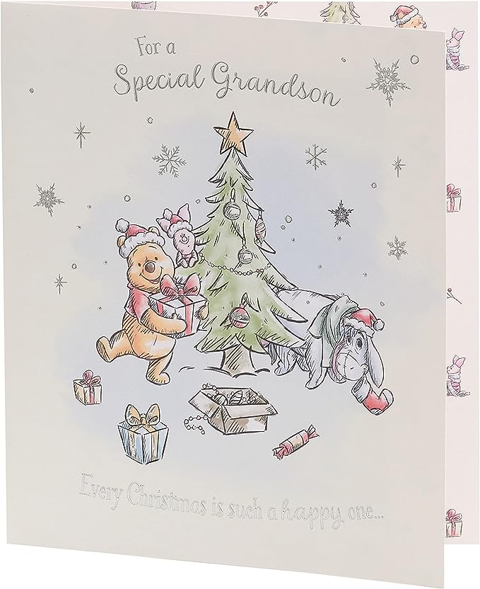 Disney Winnie the Pooh grandson Christmas greeting card with a festive tree design, perfect for holiday wishes.