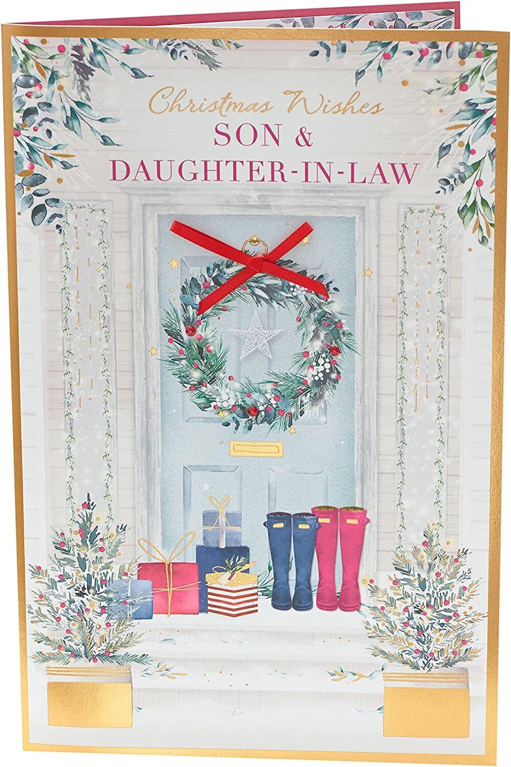 Greeting card featuring a doorway with a festive wreath, designed for sons and daughters-in-law for Christmas by UK Greetings.