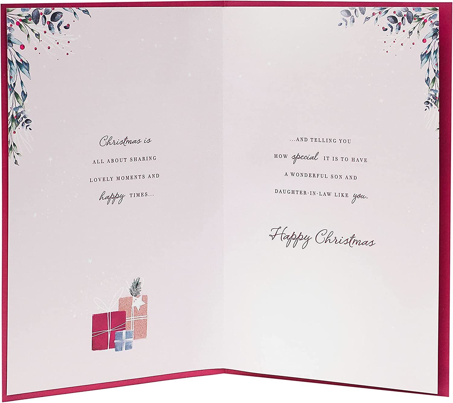UK Greetings Christmas greeting card featuring a doorway with a festive wreath for son and daughter-in-law.