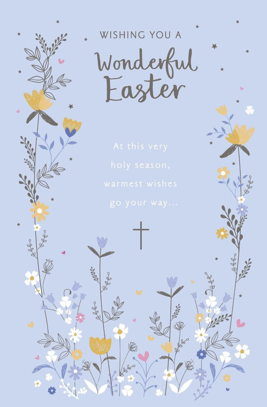 Easter greeting card featuring a silver cross and floral design, perfect for Holy Season celebrations.