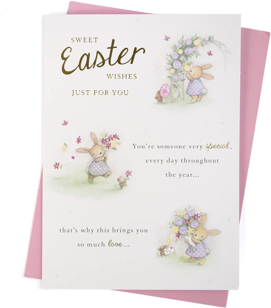 Easter greeting card featuring colorful Easter eggs and floral design with "Sweet Easter Wishes Just for You" message.