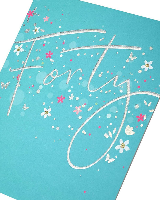 Elegant 40th birthday silver foil greeting card with celebratory design from UK Greetings.