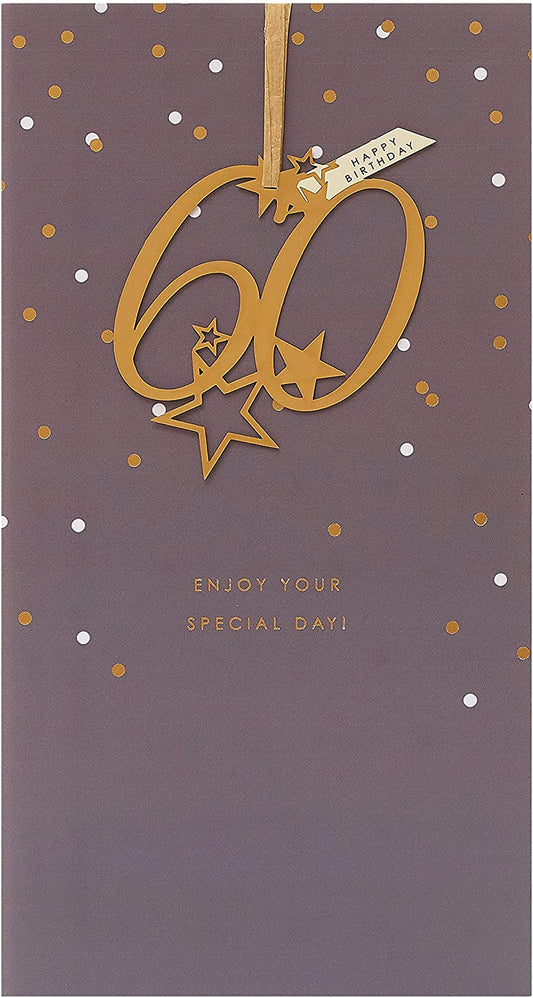 Elegant 60th birthday hanging keepsake greeting card by UK Greetings with festive design and decorative elements.