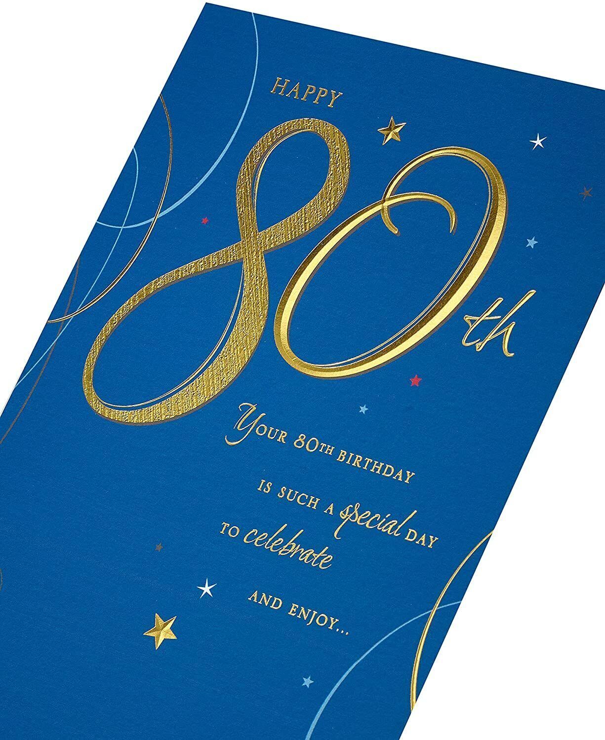 Elegant 80th birthday milestone greeting card by UK Greetings featuring colorful floral design and celebratory message.