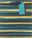Elegant blue and gold striped greeting card with a gift bag design from UK Greetings, featuring intricate pattern details.