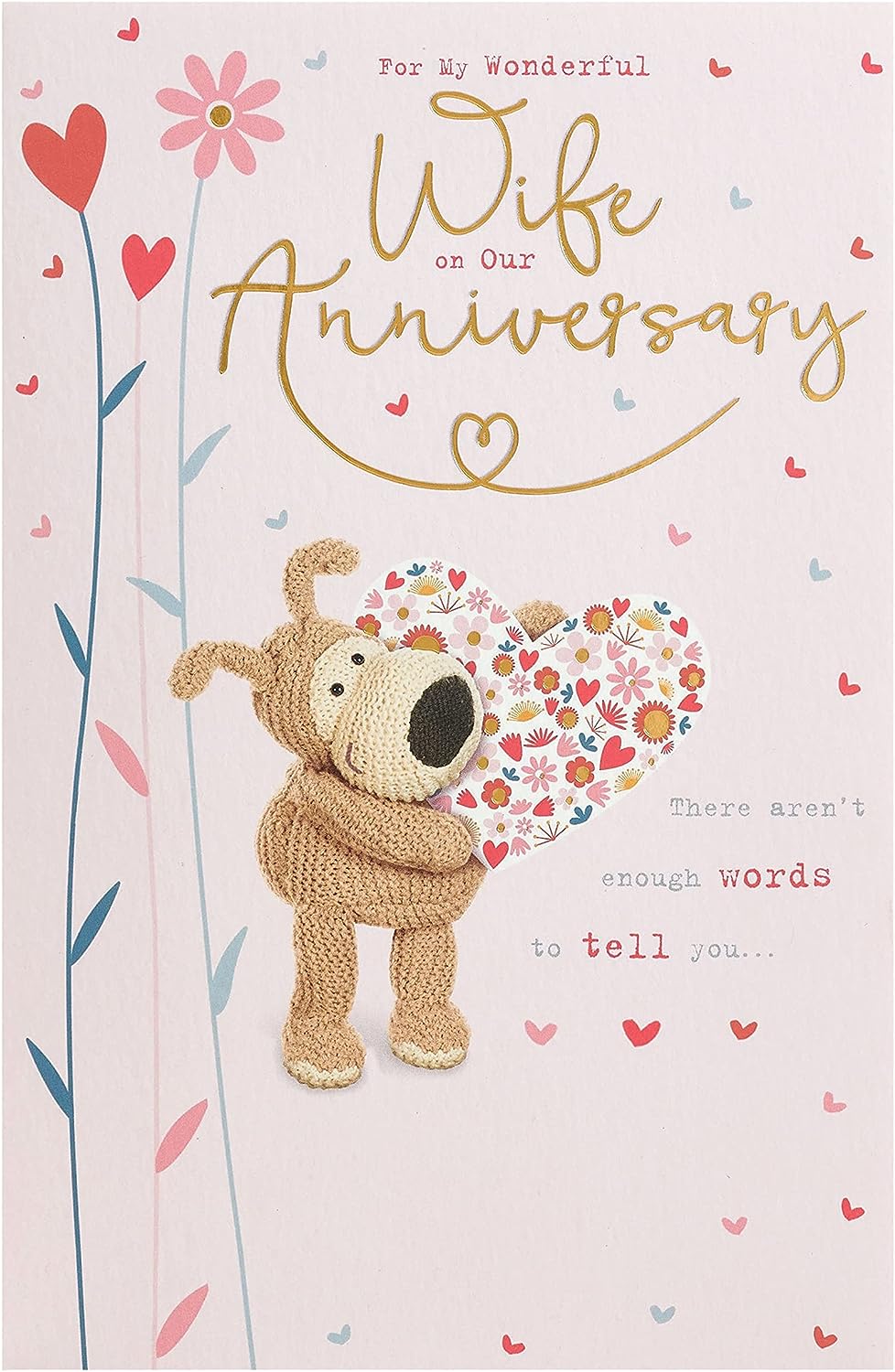 Elegant Boofle gold foil anniversary greeting card for wife, featuring adorable character design and shiny gold accents.