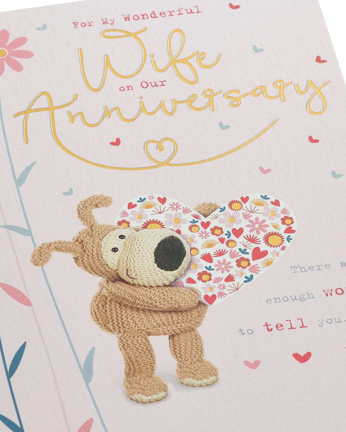 Elegant Boofle gold foil anniversary greeting card for wife, featuring charming illustrations and festive gold accents.