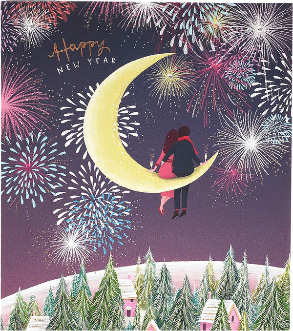 Elegant couple sitting on a half moon New Year Christmas greeting card by UK Greetings, featuring festive holiday artwork.