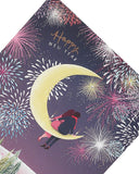 Elegant couple sitting on a half moon New Year Christmas greeting card with festive design and holiday theme.