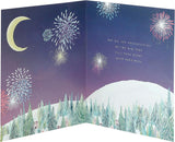 Elegant couple sitting on a half moon New Year Christmas greeting card by UK Greetings, featuring festive holiday design.