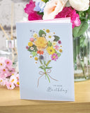 Elegant floral posy birthday greeting card with metallic shine, featuring colorful flower designs on high-quality cardstock.