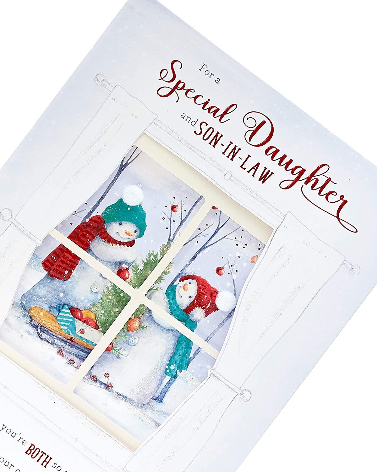 Elegant foil and glitter Christmas greeting card from UK Greetings for daughter and son-in-law, featuring festive holiday design.