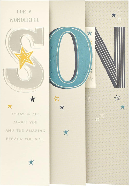 Elegant foil son birthday greeting card from UK Greetings featuring a festive design with shiny foil accents.