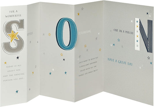 Elegant foil birthday greeting card for sons, featuring colorful design and festive message from UK Greetings.