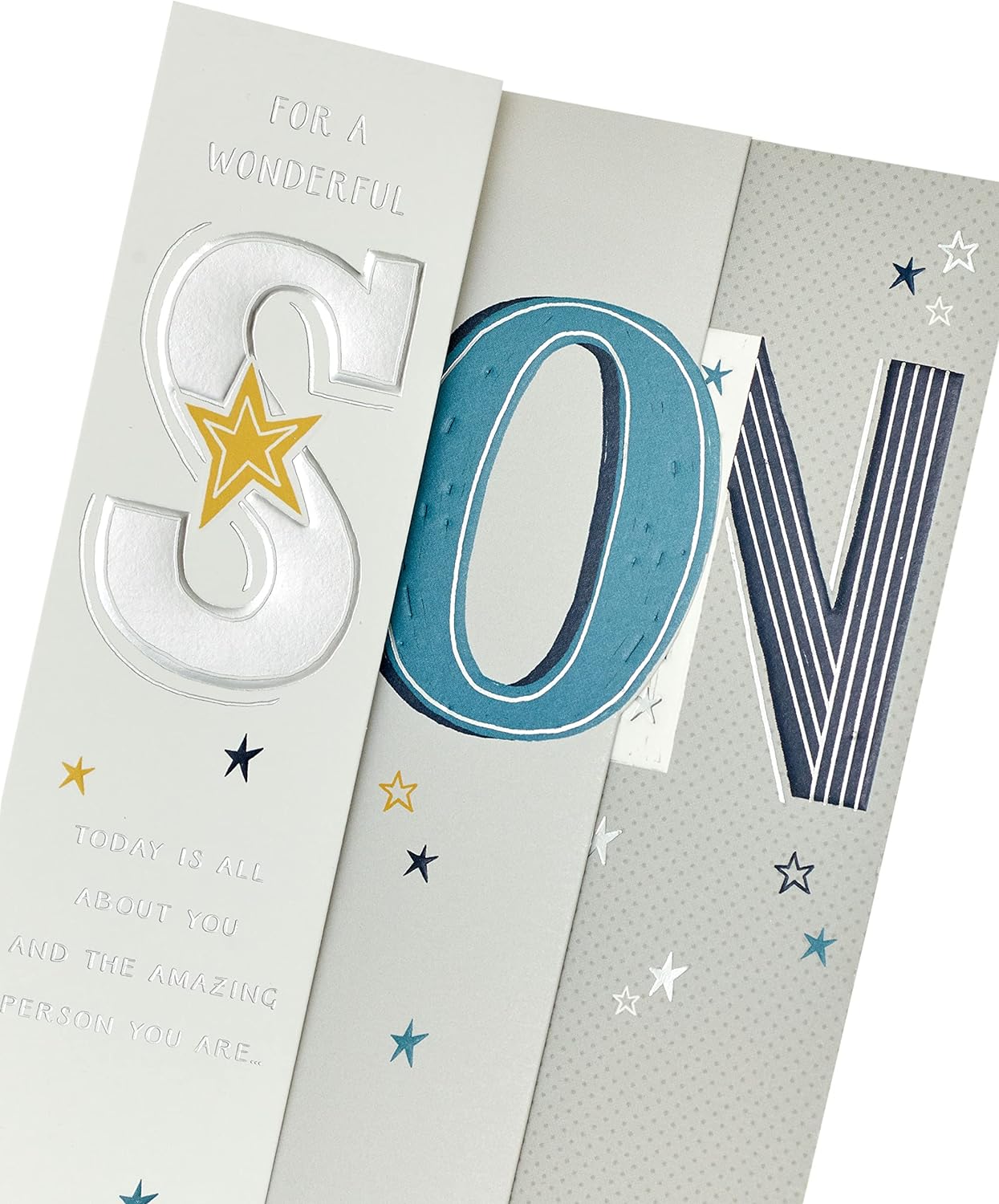 Elegant foil son's birthday greeting card with colorful design, featuring shiny accents and a heartfelt message for special celebrations.