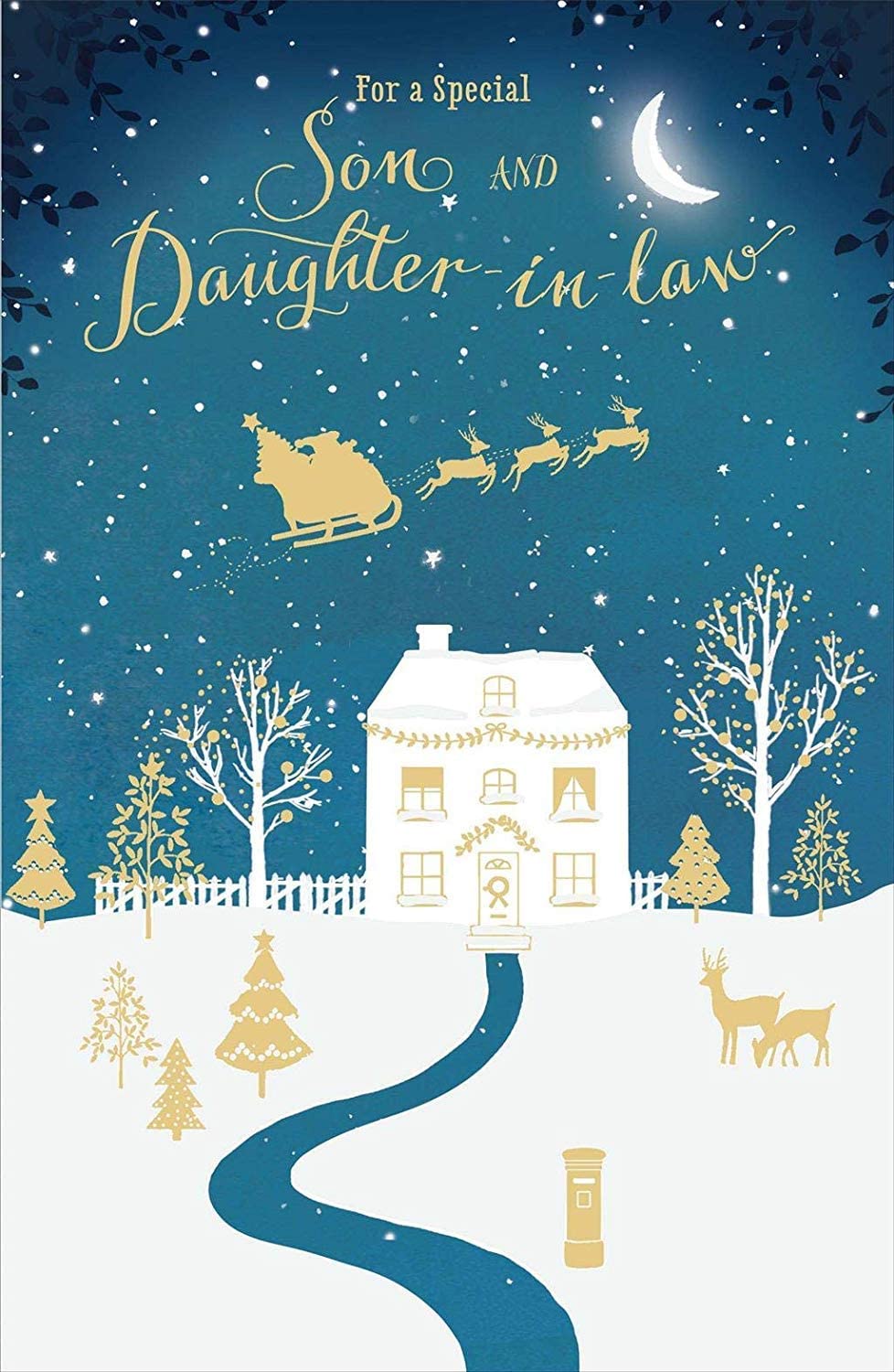 Gold foiled Christmas greeting card for son and daughter-in-law, elegant design by UK Greetings, featuring festive holiday imagery.
