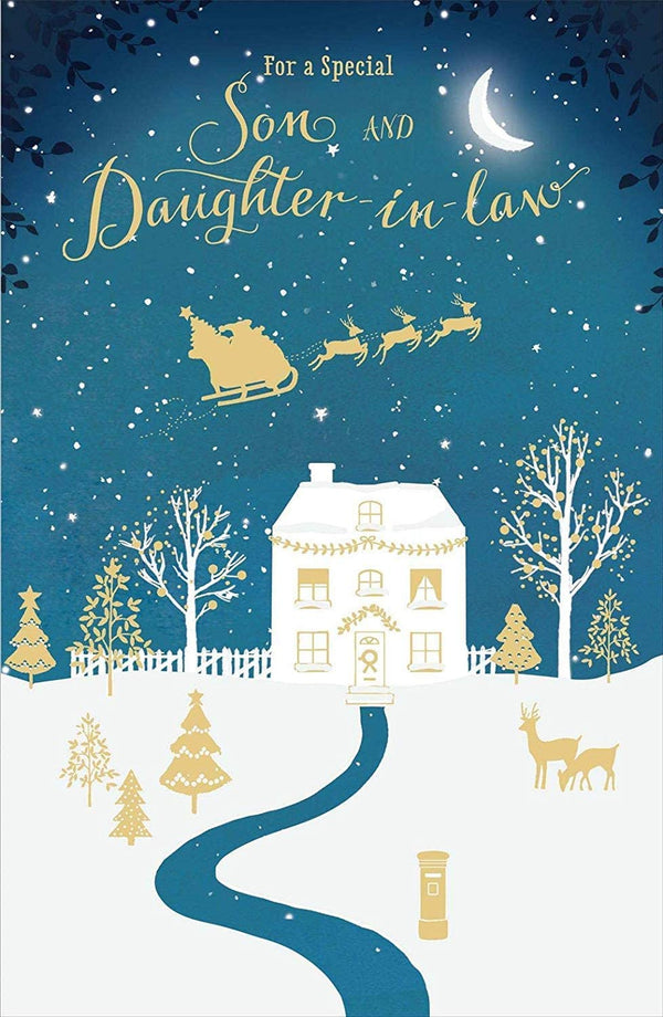 Gold foiled Christmas greeting card for son and daughter-in-law, elegant design by UK Greetings, featuring festive holiday imagery.
