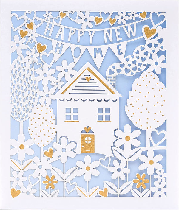 Elegant laser cut new home congratulations greeting card by UK Greetings with intricate floral design.