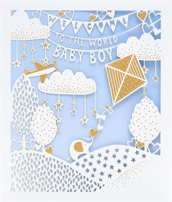 Elegant laser-cut baby boy arrival greeting card with intricate design, perfect for celebrating a new baby's arrival.