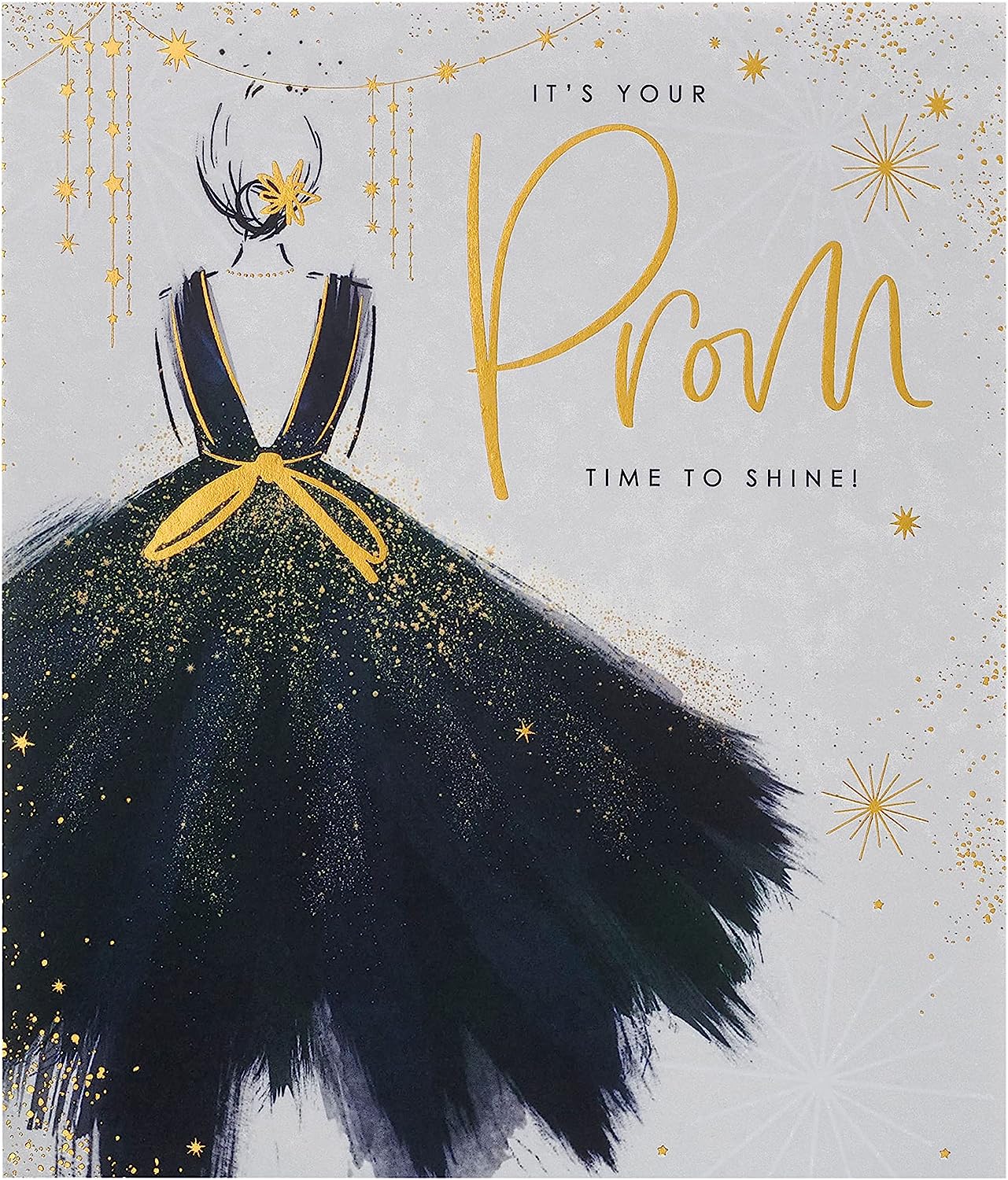 Elegant greeting card from UK Greetings featuring a stunning dress design, perfect for celebrating her special prom night.