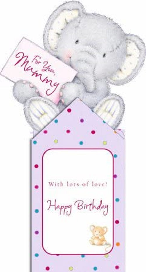 Elliot & Buttons Mummy pop-up birthday greeting card with colorful mummy design, from UK Greetings, opened to show detailed interior.