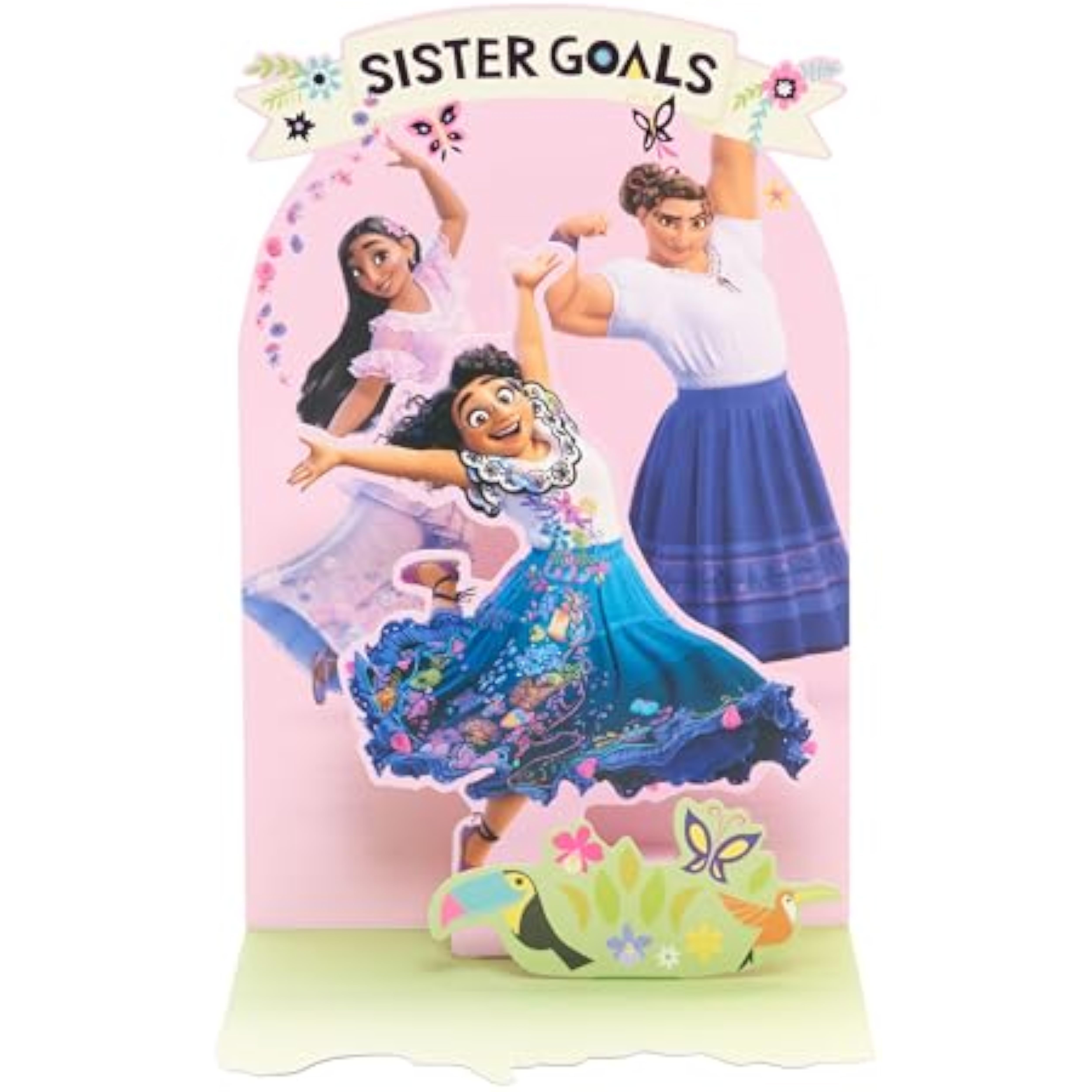Colorful Encanto Sisters pop-up birthday greeting card by UK Greetings featuring vibrant characters and festive design.