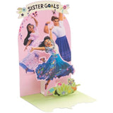 Colorful Encanto Sisters pop-up birthday greeting card by UK Greetings with vibrant characters and festive design.