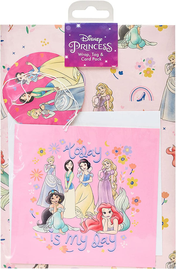 Disney Princess greeting card from UK Greetings featuring colorful wrap and tag set with princess illustrations and decorative designs.