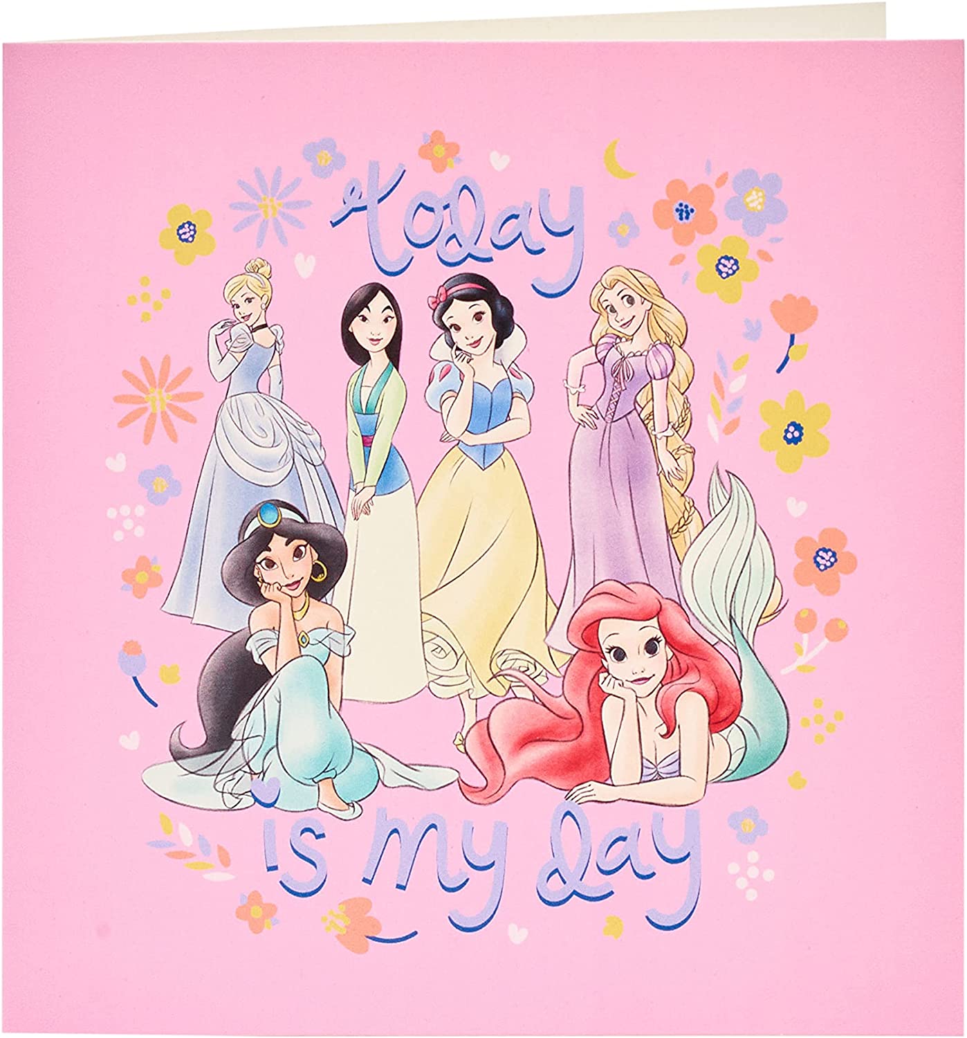 Disney Princess-themed greeting card with wrap and tag set, featuring colorful princess illustrations and decorative embellishments.