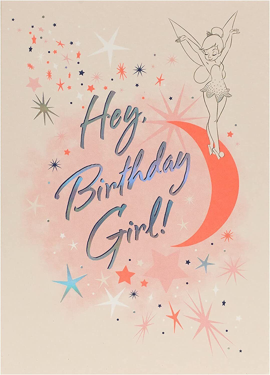 Colorful Tinker Bell birthday greeting card featuring fairy illustration on the front, perfect for celebrating special occasions.